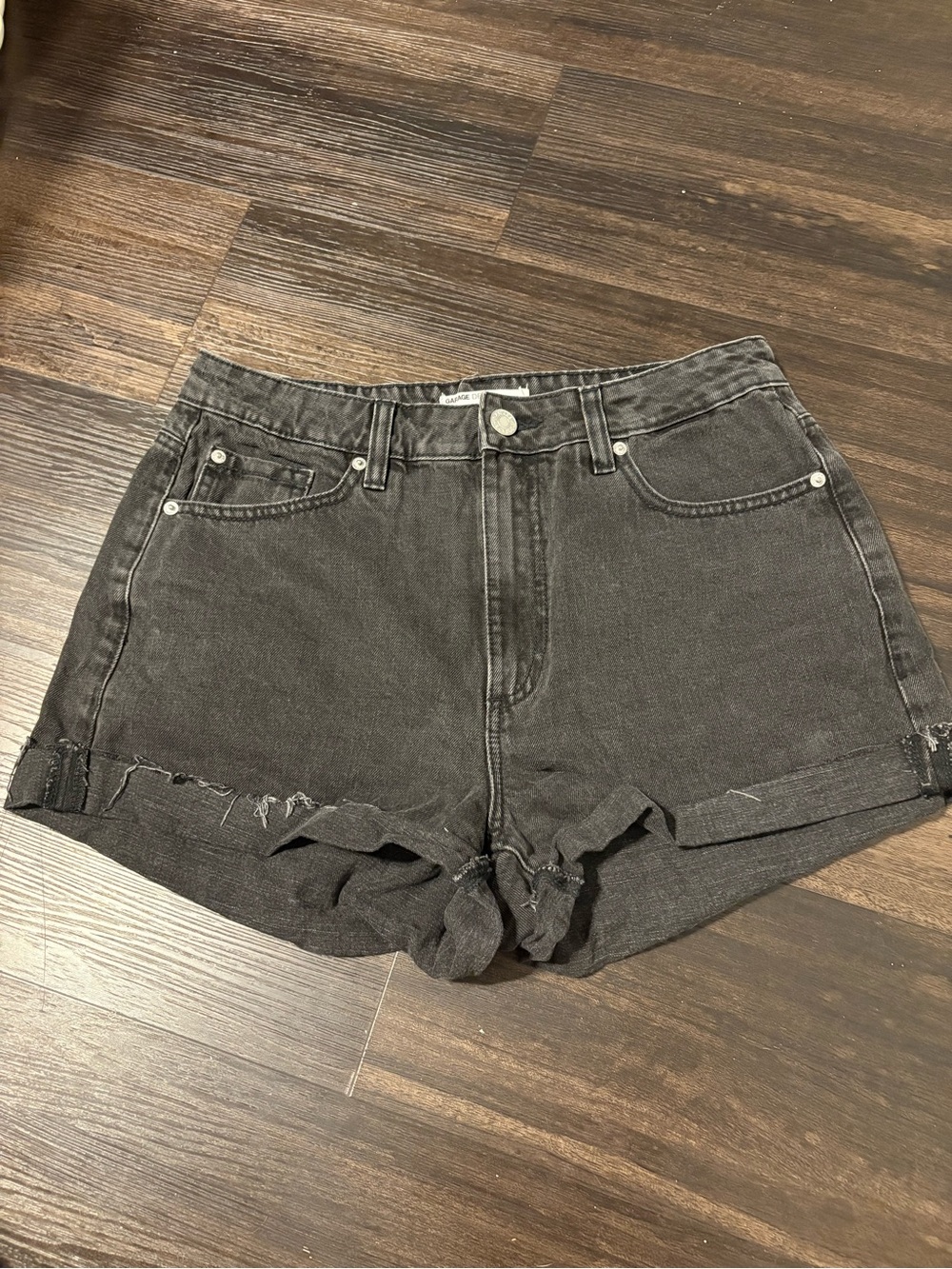 Garage Charcoal Black Rolled-Cuff Denim Mom Shorts